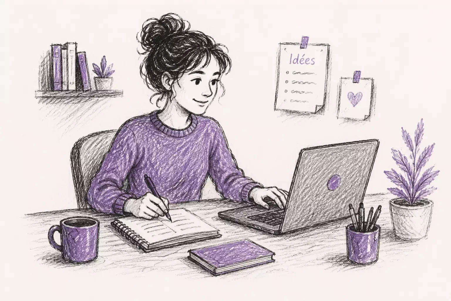 femme rédactrice adopte les meilleures pratiques seo : travaille sur pc et tient un stylo